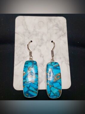 925 Sterling Silver Genuine Blue Turquoise Inlay Earrings